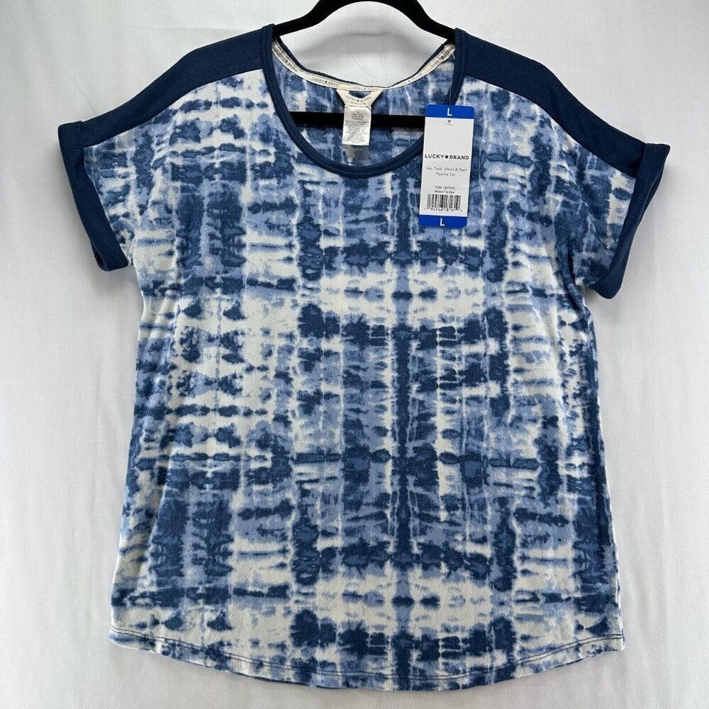 Lucky Brand Pajama Top Womens Sz L Tie Dye Round Neck Cuff Dolman Sleeve Blue